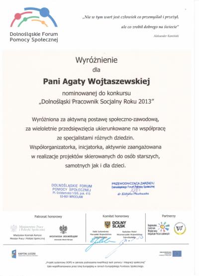 Wyróżnienie dla Agaty Wojtaszewskiej 2013.jpg